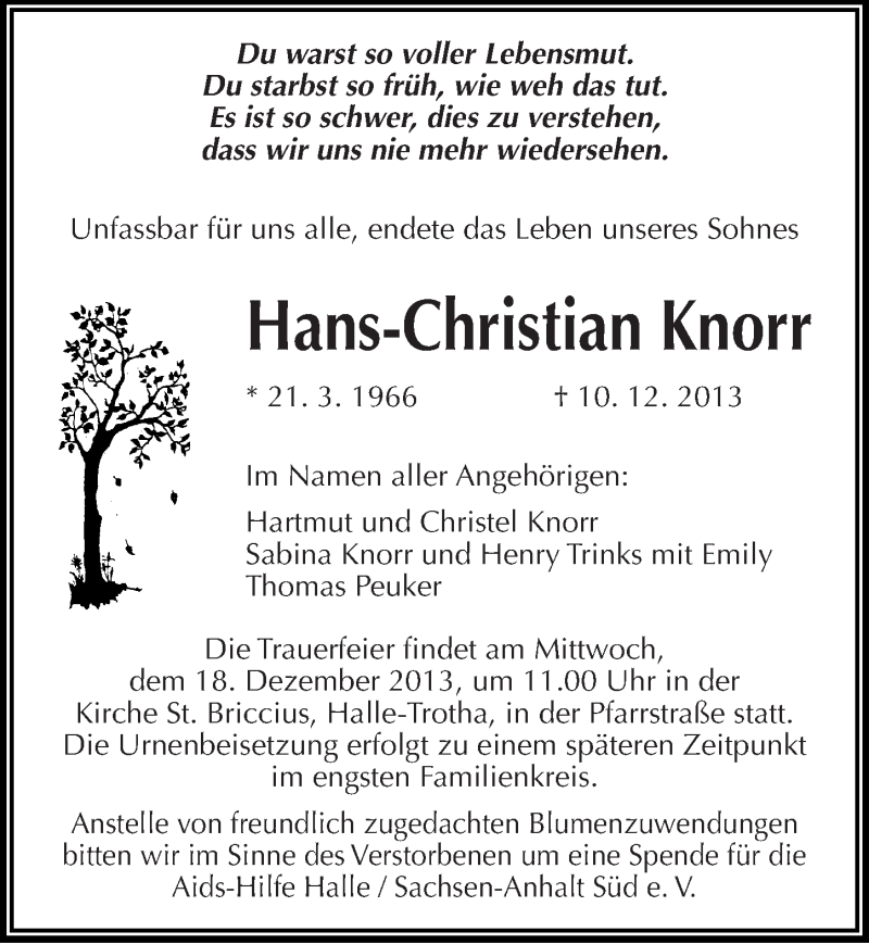  Traueranzeige für Hans-Christian Knorr vom 14.12.2013 aus Mitteldeutsche Zeitung Halle/Saalkreis