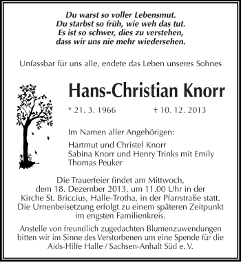 Traueranzeige von Hans-Christian Knorr von Mitteldeutsche Zeitung Halle/Saalkreis