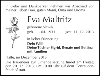 Traueranzeige von Eva Maltritz von Mitteldeutsche Zeitung Halle/Saalkreis