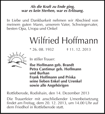 Traueranzeige von Wilfried Hoffmann von Mitteldeutsche Zeitung Sangerhausen