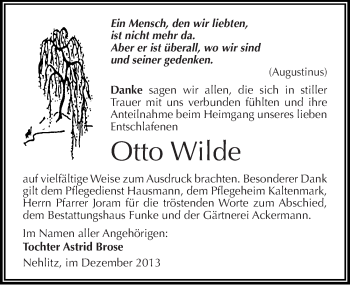 Traueranzeige von Otto Wilde von Mitteldeutsche Zeitung Halle/Saalkreis