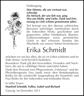 Traueranzeige von Erika Schmidt von Mitteldeutsche Zeitung Köthen
