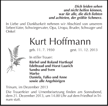 Traueranzeige von Kurt Hoffmann von Mitteldeutsche Zeitung Köthen