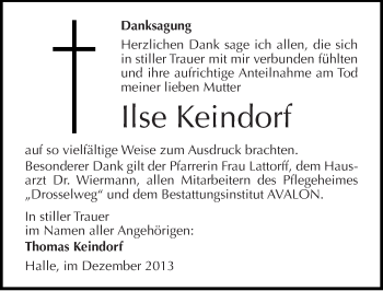 Traueranzeige von Ilse Keindorf von Mitteldeutsche Zeitung Halle/Saalkreis
