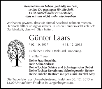 Traueranzeige von Günter Laars von Mitteldeutsche Zeitung Halle/Saalkreis
