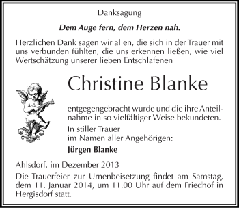 Traueranzeige von Christine Blanke von Mitteldeutsche Zeitung Mansfelder Land
