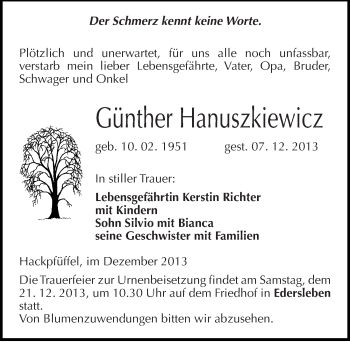 Traueranzeige von Günther Hanuszkiewicz von Mitteldeutsche Zeitung Sangerhausen