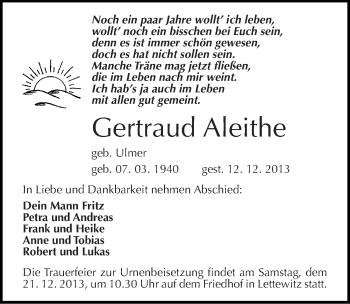 Traueranzeige von Gertraud Aleithe von Mitteldeutsche Zeitung Halle/Saalkreis