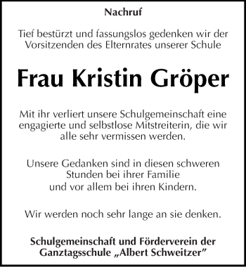 Traueranzeige von Kristin Gröper von Mitteldeutsche Zeitung Aschersleben