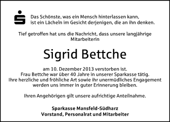 Traueranzeige von Sigrid Bettche von Mitteldeutsche Zeitung Aschersleben
