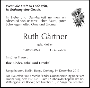 Traueranzeige von Ruth Gärtner von Mitteldeutsche Zeitung Sangerhausen