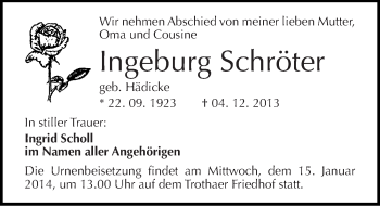 Traueranzeige von Ingeburg Schröter von Mitteldeutsche Zeitung Halle/Saalkreis