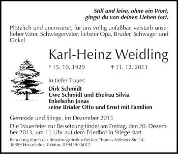 Traueranzeige von Karl-Heinz Weidling von Mitteldeutsche Zeitung Quedlinburg