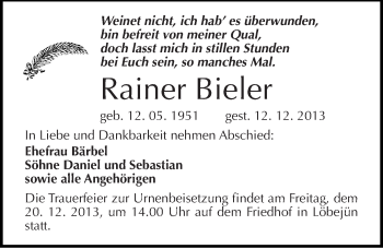 Traueranzeige von Rainer Bieler von Mitteldeutsche Zeitung Halle/Saalkreis