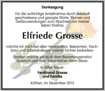 Traueranzeige von Elfriede Grosse von Mitteldeutsche Zeitung Köthen