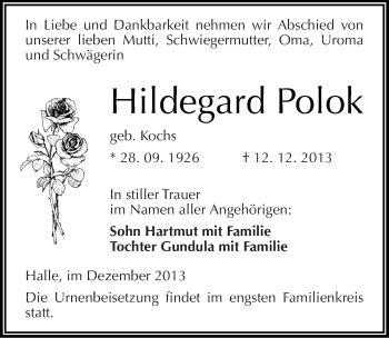 Traueranzeige von Hildegard Polok von Mitteldeutsche Zeitung Halle/Saalkreis