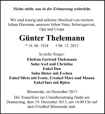 Traueranzeige von Günter Thelemann von Mitteldeutsche Zeitung Sangerhausen