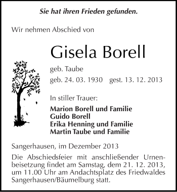 Traueranzeige von Gisela Borell von Mitteldeutsche Zeitung Sangerhausen