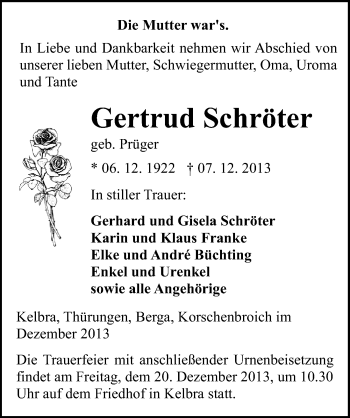 Traueranzeige von Gertrud Schröter von Mitteldeutsche Zeitung Sangerhausen