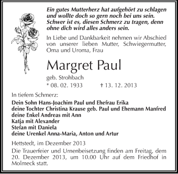 Traueranzeige von Margret Paul von Mitteldeutsche Zeitung Mansfelder Land