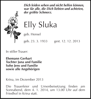 Traueranzeige von Elly Sluka von Mitteldeutsche Zeitung Bitterfeld