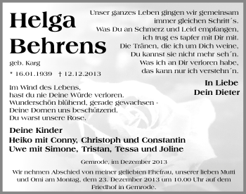 Traueranzeige von Helga Behrens von Mitteldeutsche Zeitung Quedlinburg