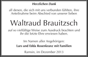 Traueranzeige von Waltraud Brauitzsch von Mitteldeutsche Zeitung Bitterfeld