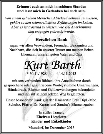 Traueranzeige von Kurt Barth von Mitteldeutsche Zeitung Köthen