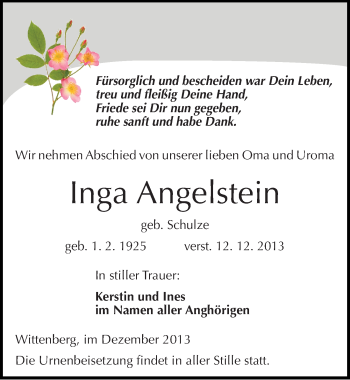 Traueranzeige von Inga Angelstein von Mitteldeutsche Zeitung Wittenberg