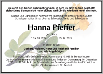 Traueranzeige von Hanna Pfeffer von Mitteldeutsche Zeitung Naumburg/Nebra