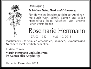 Traueranzeige von Rosemarie Herrmann von Mitteldeutsche Zeitung Halle/Saalkreis