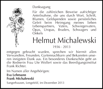 Traueranzeige von Helmut Michalewski von Mitteldeutsche Zeitung Sangerhausen