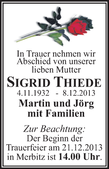 Traueranzeige von Sigrid Thiede von Mitteldeutsche Zeitung Halle/Saalkreis