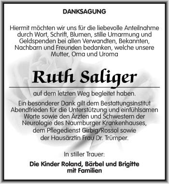 Traueranzeige von Ruth Saliger von Mitteldeutsche Zeitung Naumburg/Nebra