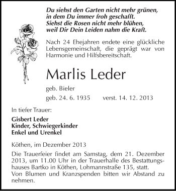 Traueranzeige von Marlis Leder von Mitteldeutsche Zeitung Köthen