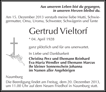 Traueranzeige von Gertrud Vieltorf von Mitteldeutsche Zeitung Naumburg/Nebra