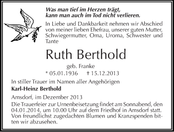 Traueranzeige von Ruth Berthold von Mitteldeutsche Zeitung Mansfelder Land