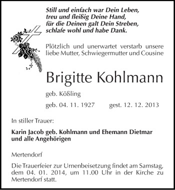 Traueranzeige von Brigitte Kohlmann von Mitteldeutsche Zeitung Naumburg/Nebra