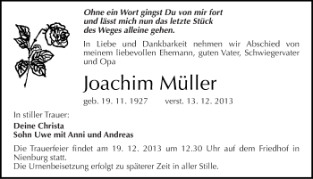 Traueranzeige von Joachim Müller von Mitteldeutsche Zeitung Bernburg