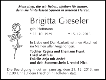 Traueranzeige von Brigitta Gieseler von Mitteldeutsche Zeitung Halle/Saalkreis