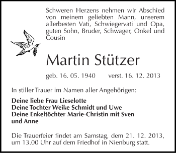 Traueranzeige von Martin Stützer von Mitteldeutsche Zeitung Bernburg
