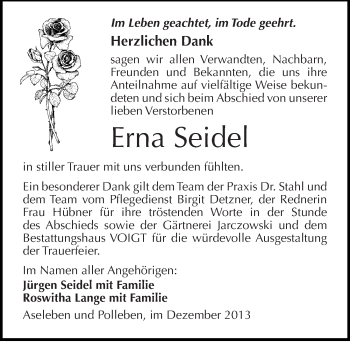 Traueranzeige von Erna Seidel von Mitteldeutsche Zeitung Mansfelder Land