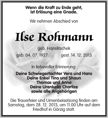 Traueranzeige von Ilse Rohmann von Mitteldeutsche Zeitung Köthen