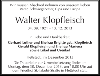 Traueranzeige von Walter Klopfleisch von Mitteldeutsche Zeitung Mansfelder Land