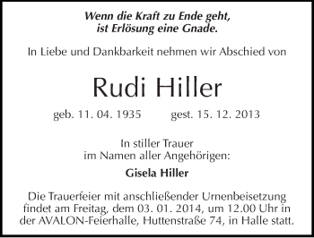 Traueranzeige von Rudi Hiller von Mitteldeutsche Zeitung Halle/Saalkreis