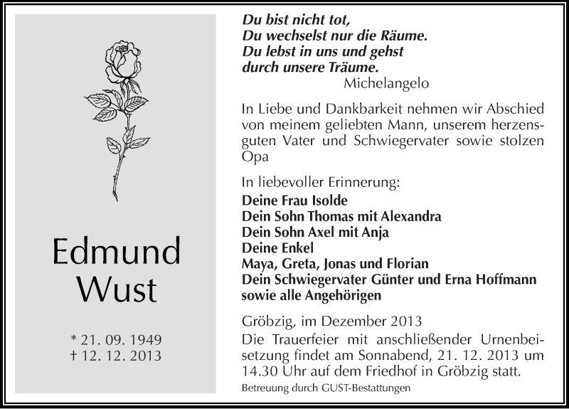  Traueranzeige für Edmund Wust vom 18.12.2013 aus Mitteldeutsche Zeitung Köthen