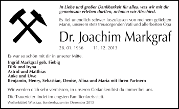Traueranzeige von Joachim Markgraf von Mitteldeutsche Zeitung Köthen