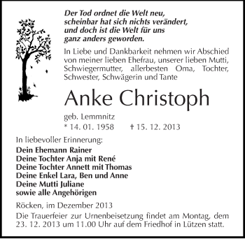 Traueranzeige von Anke Christoph von Mitteldeutsche Zeitung Weißenfels
