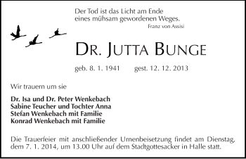 Traueranzeige von Jutta Bunge von Mitteldeutsche Zeitung Halle/Saalkreis