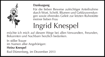 Traueranzeige von Ingrid Knespel von Mitteldeutsche Zeitung Merseburg/Querfurt